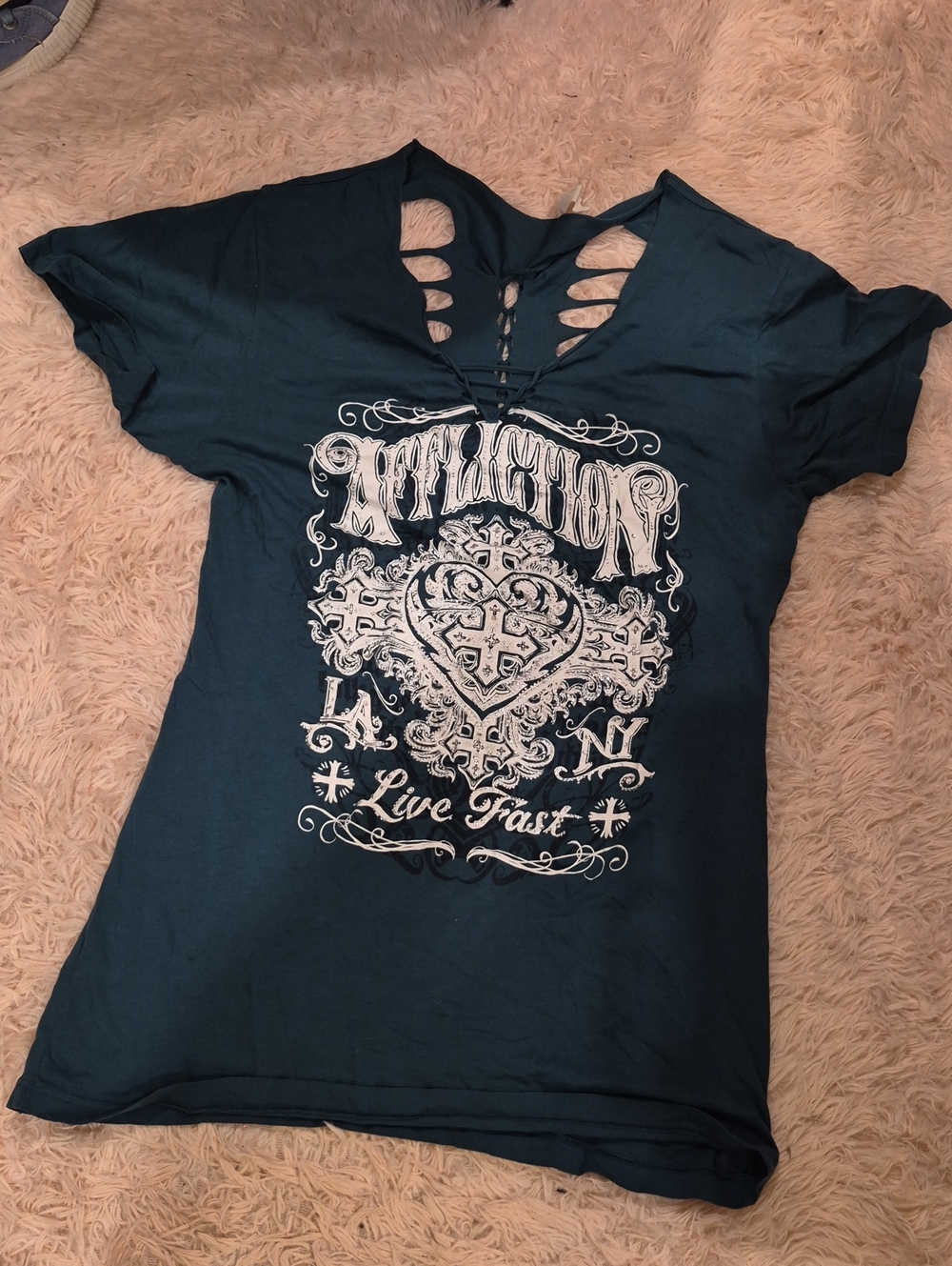 Affliction Women's Teal Cutout Graphic Tee with White Ornate Print